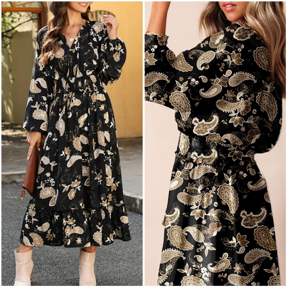 Like New Blencot Black Yellow Paisley Floral Long Sleeve Flowy Maxi Dress L - Picture 2 of 13